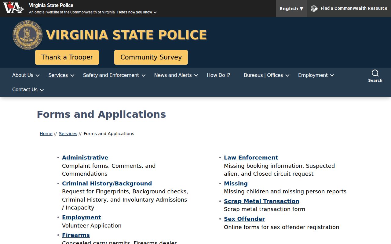 Franklin County sex offender registry forms from Virginia State Police