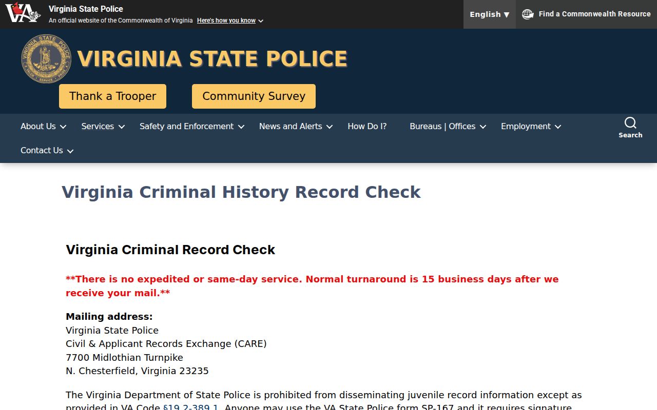 Virginia State Police criminal history request information for Franklin County residents